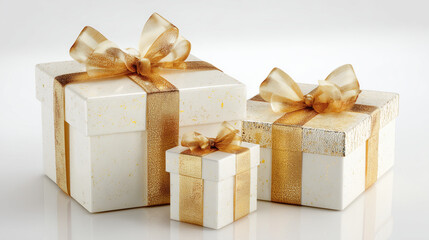 Elegant gift packaging collection with shimmering gold ribbon, white seamless background, ultra high detail