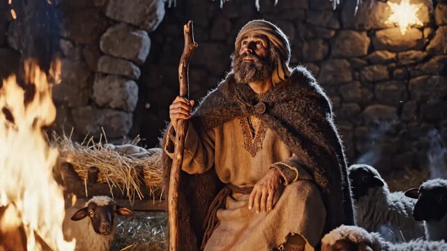 Shepherd Watching Flock by Fire - An old, bearded shepherd is sitting in a stable with his sheep, holding a wooden staff while looking up in wonder. A fire is burning brightly in the foreground.