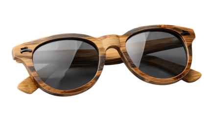 A stylish pair of bamboo sunglasses with a wooden frame and dark lenses, eco friendly fashion accessory for summer, isolated on white background