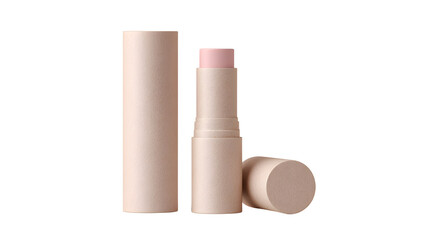 Pastel pink matte lipstick tube made of recycled material, eco friendly product for makeup and beauty routines, empty and closed tubes beside