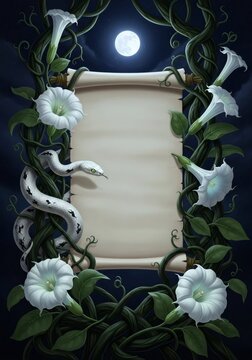 Blank parchment scroll frame with white snake and datura flowers. Vertical fantasy illustration with full moon and night sky. Gothic magic border with copy space