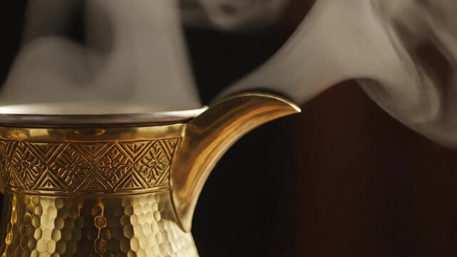Close up of traditional golden Turkish coffee pot with hot steam rising against dark background