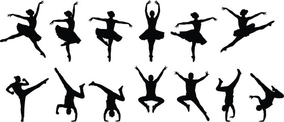 Elegant Black Silhouettes Collection of Dynamic Ballet Dancers and Acrobatic Gymnasts Performing Various Jumps, Leaps, and Floor Exercises on White Background for Dance and Sport Design Elements.