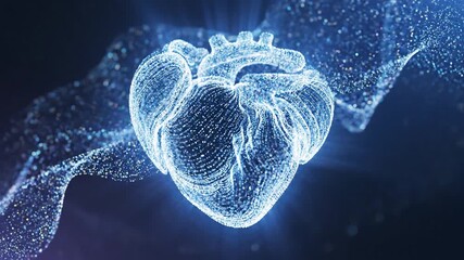 Digital representation of a human heart glowing with blue light surrounded by a swirling network of interconnected particles symbolizing advanced medical technology and data analysis in cardiology. - Powered by Adobe