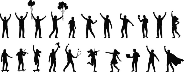 Celebration Silhouettes Vector Set of Diverse People Achieving Success and Joy, Happy Men and Women Cheering, Playing Sports, and Enjoying Music on a White Background