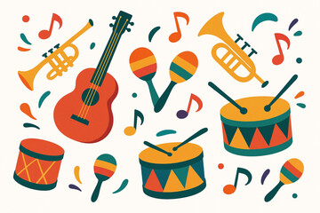 Abstract Carnival Drums and Maracas Vector with Bold Colors on White Background