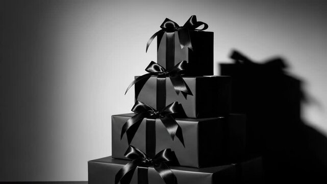 Dramatic shadow play on stacked gift boxes in monochrome elegance