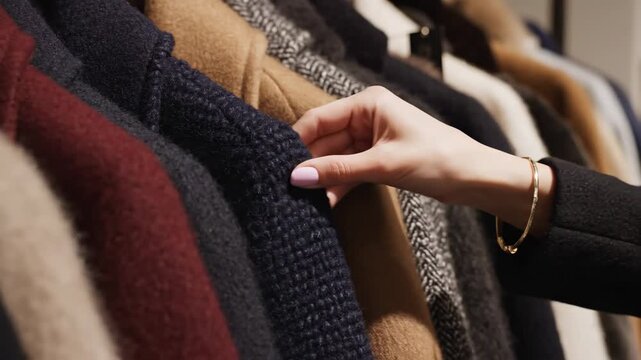 Woman Browsing Clothing Rack - A woman's hand with light pink nail polish is reaching towards a navy blue knitted coat on a rack full of various colored and patterned coats.