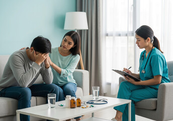 Obraz premium Psychiatrist counseling a depressed man with his supportive wife during a home visit for mental health therapy.