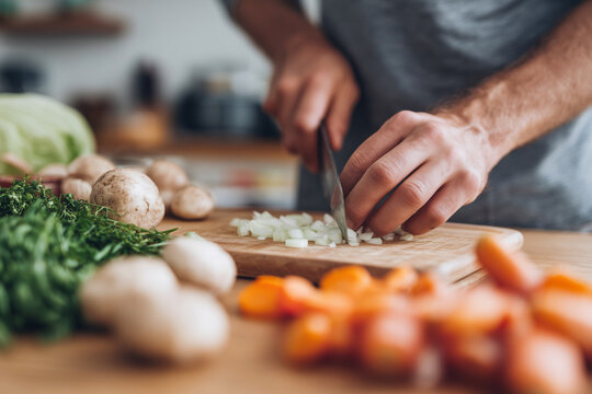 A man is cutting vegetables on a wooden cutting board - Powered by Adobe