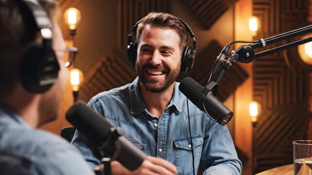 Podcast Recording in Studio with Laughing Host - A man in a denim shirt wearing headphones laughs while recording a podcast with another person in a studio setting.