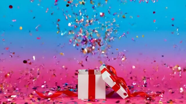 Gift box explosion with colorful confetti burst and festive celebration finale