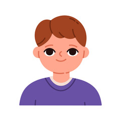 Cute boy smiling, friendly child character portrait user profile with face expression, preschool kid portrait isolated on white background flat vector illustration.