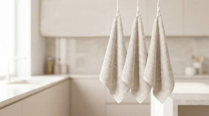 Three towels in Pantone color 11-4201, hanging on white hooks against the backdrop of a modern kitchen in the same color. 