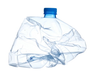 Crushed plastic container with blue cap