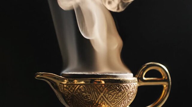 Close up of ornate golden incense burner smoking with aromatic bakhoor on black background, traditional Arabic mabkhara for Ramadan and Eid celebration