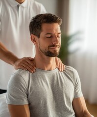 a young man at a reception with a manual massage therapist