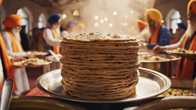 Stack of Chapati at a Sikh Temple - A large stack of golden-brown chapati rests on a metal serving tray, with the warm lighting highlighting the texture of each flatbread.