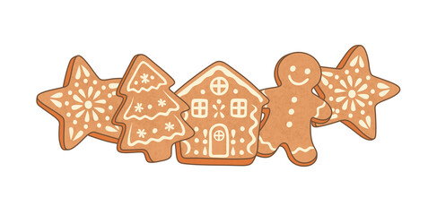 An illustration of Christmas gingerbread cookies: a house, a tree, a man, and stars, decorated with white icing. A festive set of baked goods for cards, banners, and packaging design.