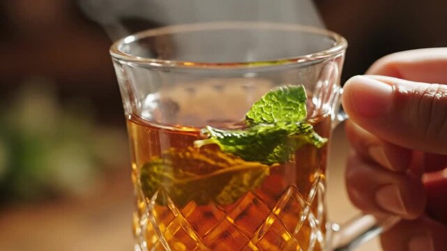 Pouring hot traditional mint tea into patterned glass cup held by hand with steam and fresh herb leaf close up