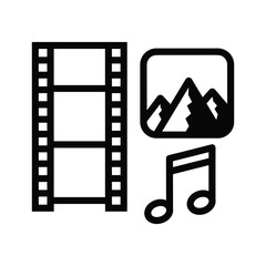 Obraz premium Film strip with mountain landscape and music note icon