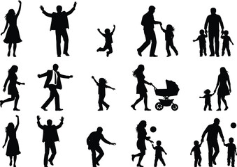 Obraz premium Collection of family life silhouettes, depicting parents and children engaging in activities like walking, playing, dancing, and caring for a baby carriage, representing love and togetherness.