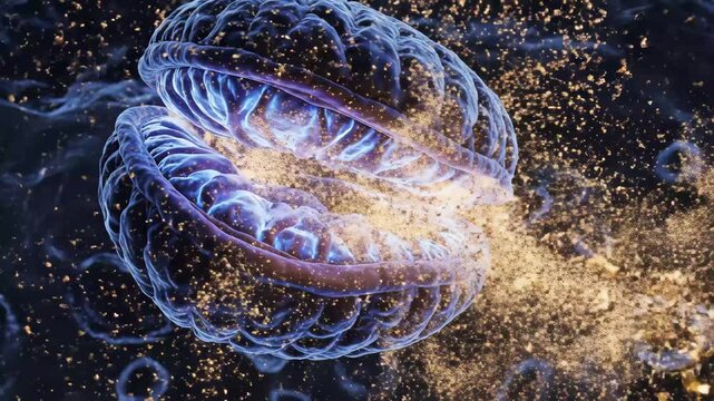 Exploding Human Brain Concept - An illustration shows a human brain splitting and disintegrating. The disintegration is depicted by golden particles flying away from the brain.