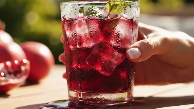 Close up hand lifting glass of cold pomegranate juice with ice and mint on sunny outdoor table