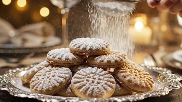 Close up hand sprinkling powdered sugar on stack of homemade maamoul cookies on silver platter with warm bokeh lights