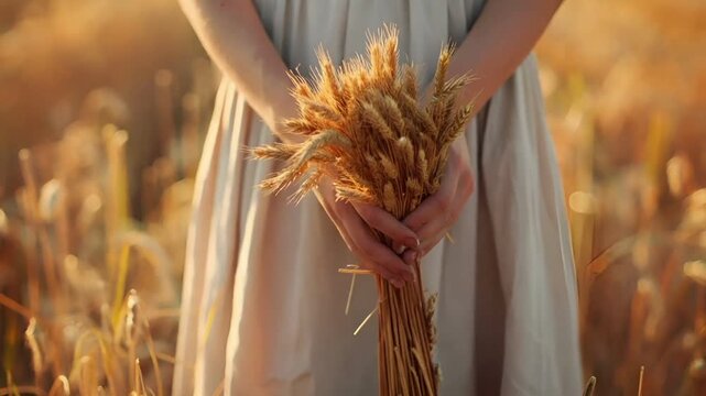 A woman in a flowing dress holds a bundle of wheat in a field during sunset. The golden hue of the wheat contrasts with the warm tones of the evening sky.