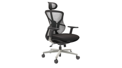 Modern black mesh ergonomic office chair with headrest for workspace comfort isolated.

