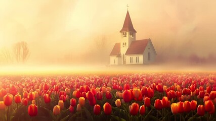 Aerial view of a field of red and orange tulips during sunset, with a church in the background. The tulips are in full bloom, with their petals spread wide.
