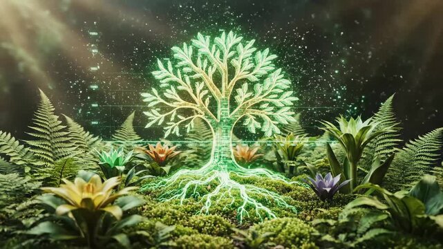 Digital Tree of Life - A luminous, stylized green tree with glowing roots stands prominently amidst a vibrant array of flowers, moss, and ferns.