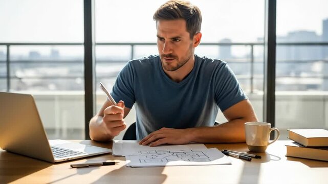 Concentrated architect designing blueprint in sunlit office with laptop and blueprints