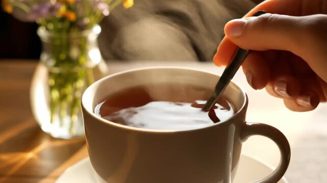 Close up of woman hand stirring hot black tea in white cup with spoon while steam rises on sunny wooden table with flowers