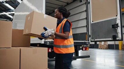 A female warehouse worker loading cardboard boxes into a delivery truck. Logistics employee carrying packages for shipping and distribution in a warehouse - Powered by Adobe