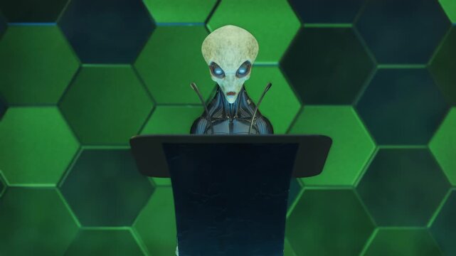 Humanoid Grey Alien giving a Speech standing behind a podium CGI Animation Concept