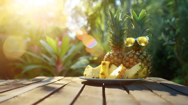 pineapples with sunglasses on a plate in a tropical settingpineappels with sunglasses and a banana peel in the backgroundpineappLES with sunglasses in a garden settingpineappies with sunglasses.