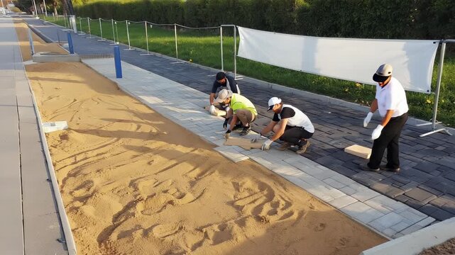 Construction workers laying interlocking paving stones on a new pathway during outdoor landscaping project.