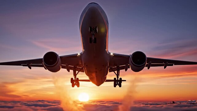 Airplane Landing at Sunset - A passenger jet is shown in the final moments of landing, with landing gear deployed and smoke coming from the wheels.