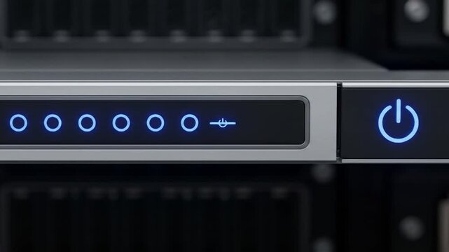 Close-up of a server rack with glowing blue lights and a power button, indicating active network operations and system status in a data center environment.