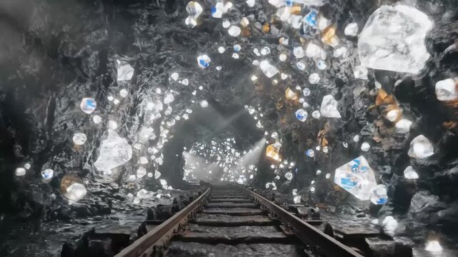 Diamond Mine Tunnel with Rail Tracks - A dark mine tunnel is illuminated by spotlights and countless floating diamonds.