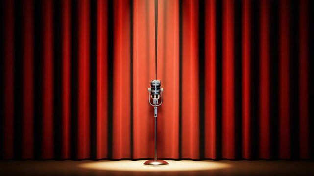 Vertical video of a vintage microphone on stage under a spotlight. Red theatrical curtains slowly close in a 3D animation. Show finale and entertainment concept