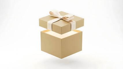 Fototapeta premium Brown gift box with ribbon open lid on white background