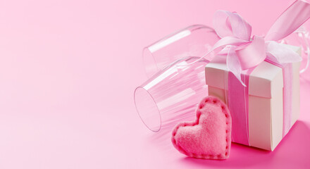 Gift box and wine glasses on pink background