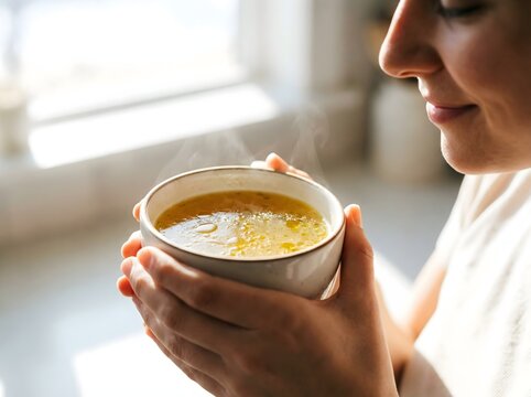 Woman enjoying a warm bowl of healing bone broth for gut health.
