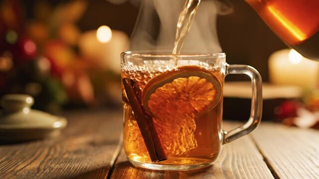 Pouring hot winter tea with cinnamon stick and dried orange slice into glass mug on wooden table