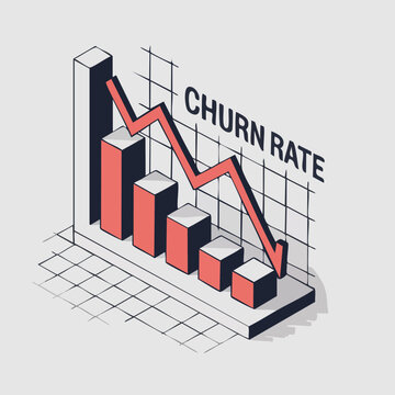 Vector Illustration of declining churn rate with isometric 3D bar chart showing downward trend arrow and grid background for business analytics.