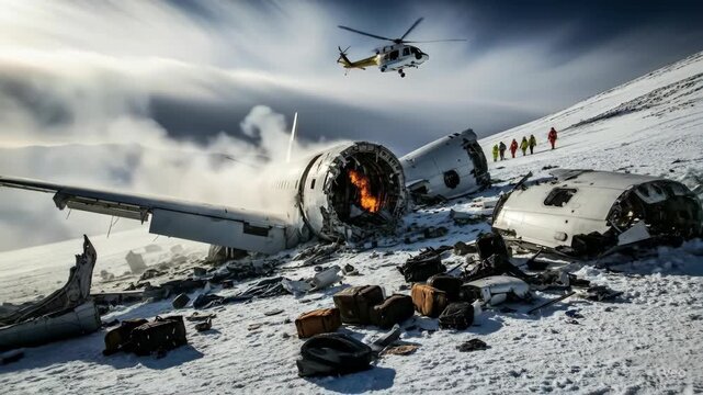 Dramatic scene of a plane crash on a snowy mountain. A rescue helicopter hovers over the fiery wreckage. Disaster and emergency survival concept