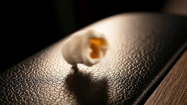 Close-up of a Single Piece of Popcorn on a Dark Surface.